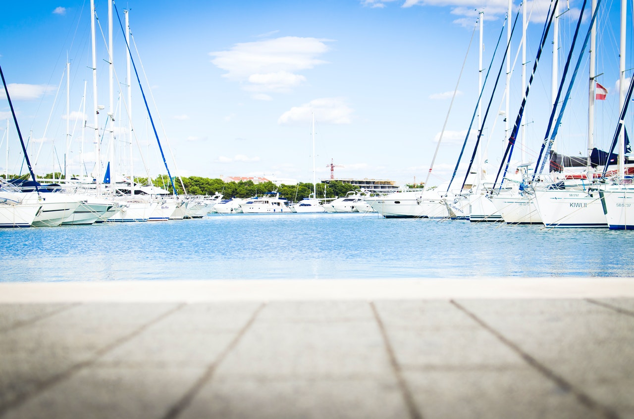 boat brands and products in a tropical marina