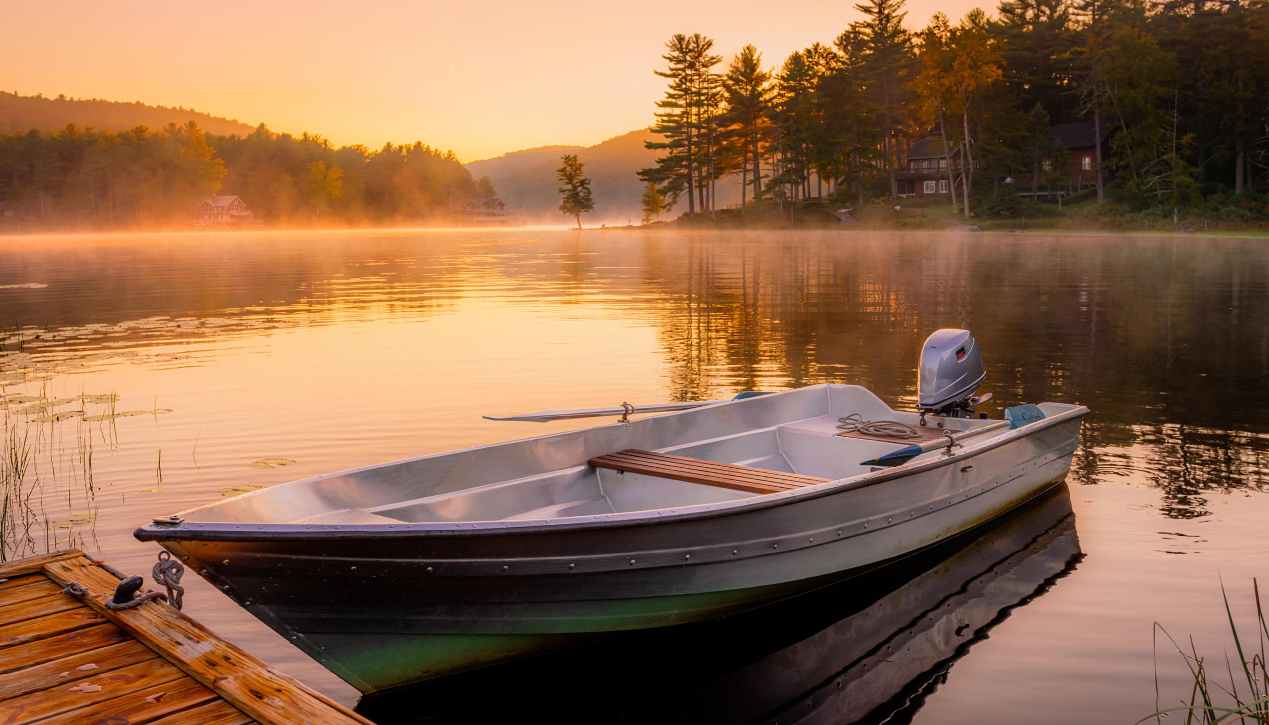jon boat tethered to dock on a peaceful lake at sunrise