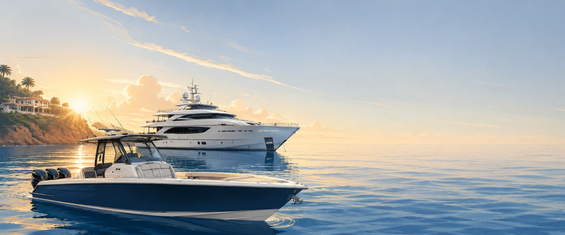beautiful yacht and boat at sunset near waterfront mansion