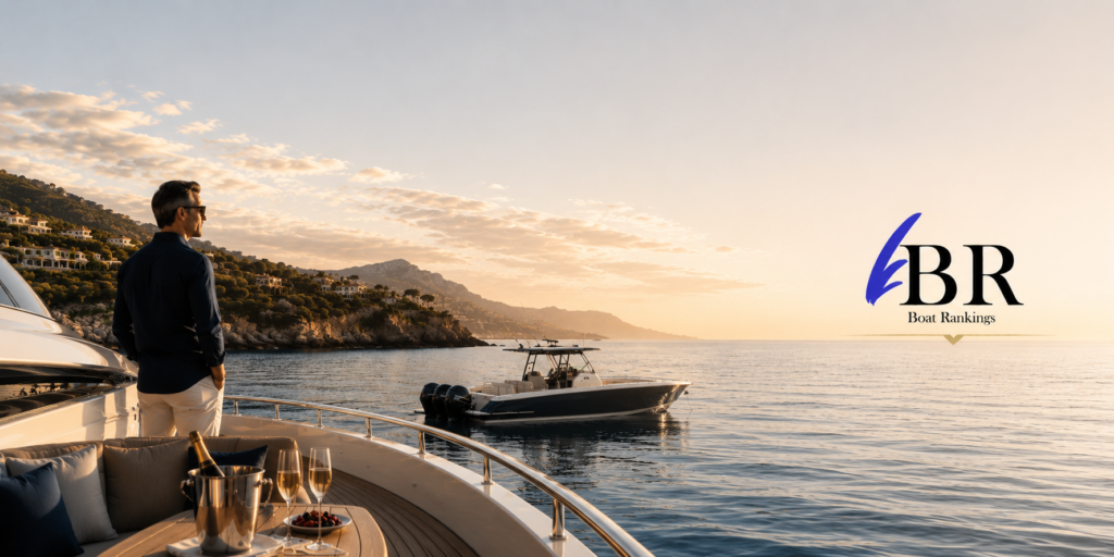 well dressed man looking out from his yacht enjoying the luxury boating lifestyle