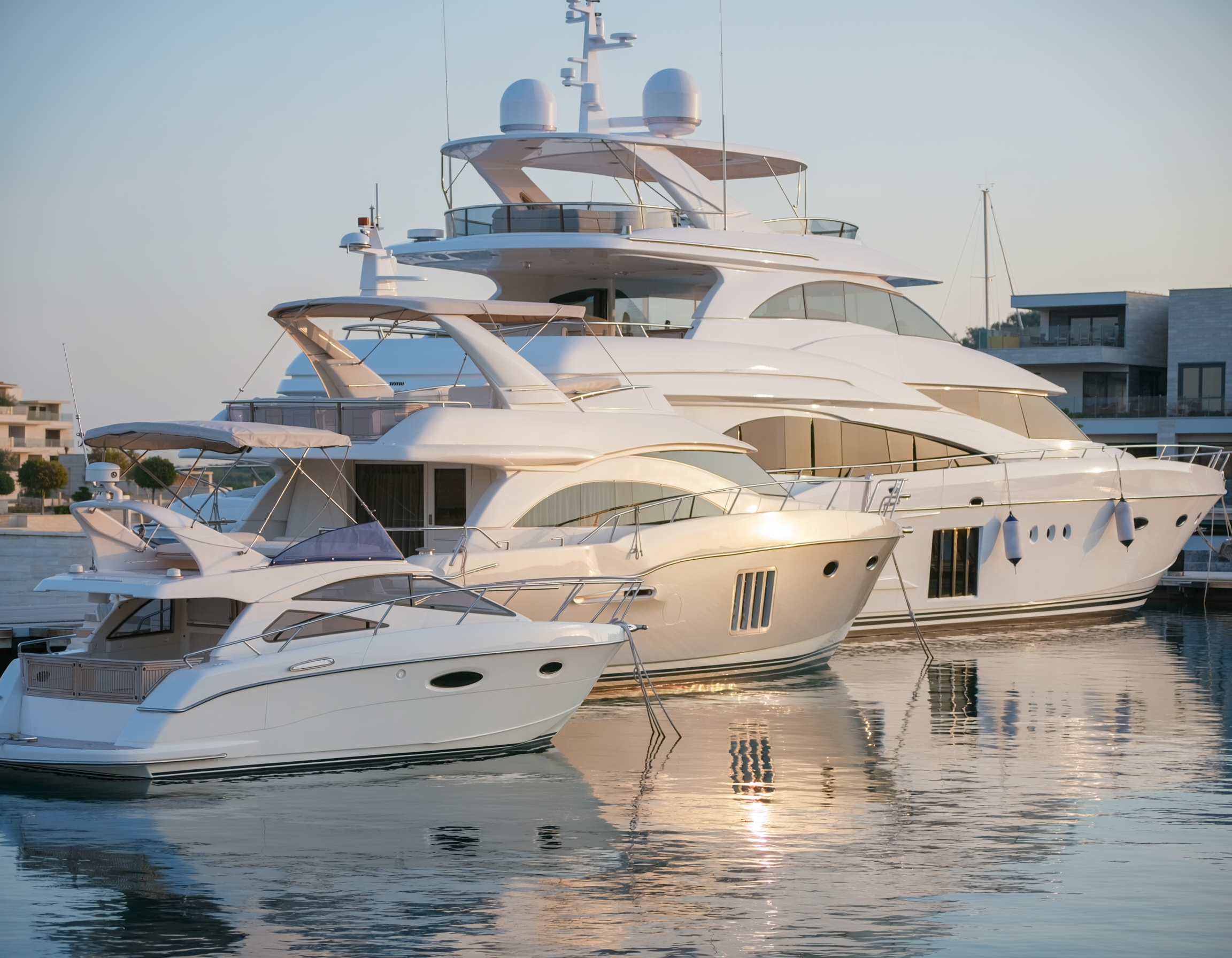 three distinct yachts at harbor, going from smallest to largest