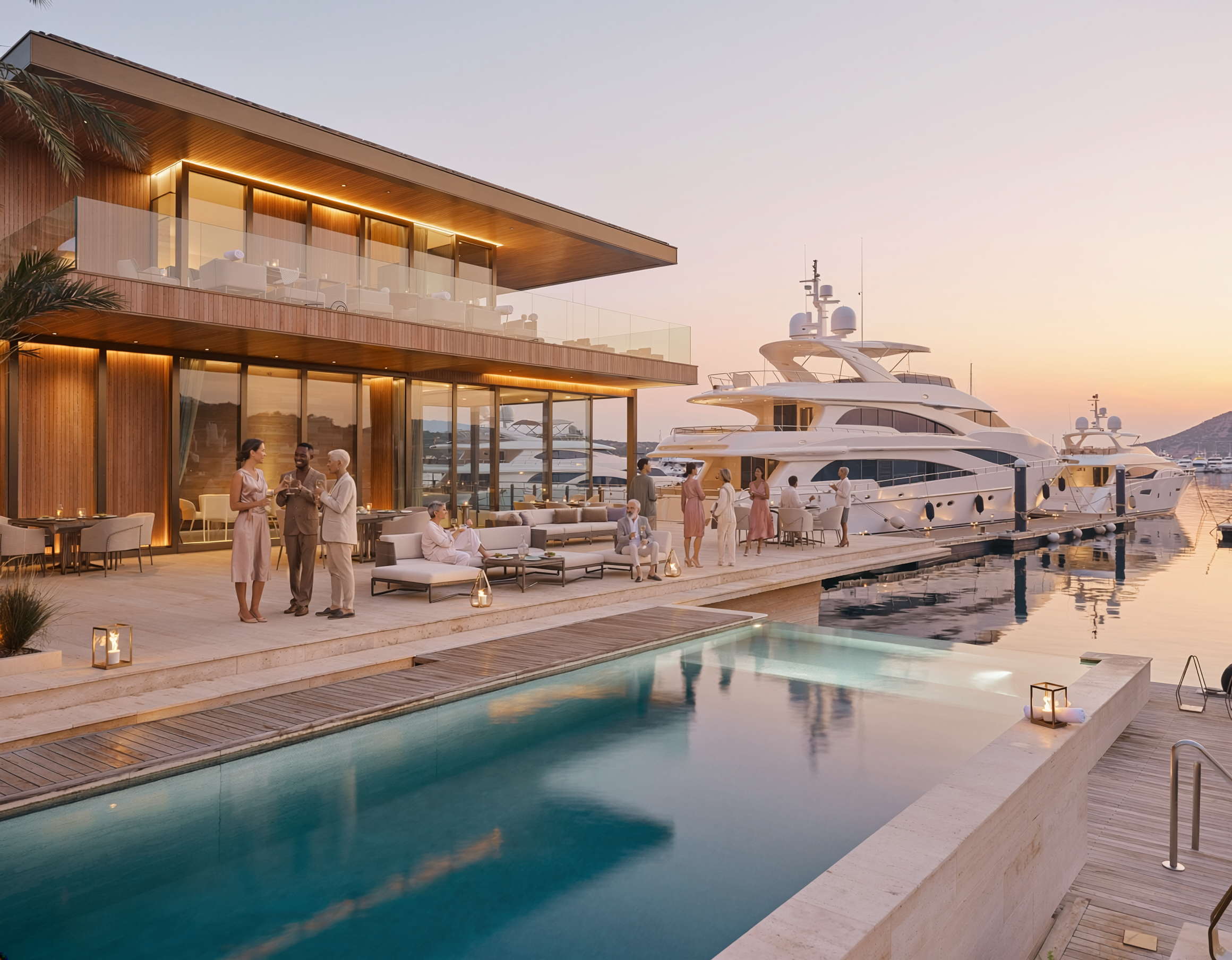 modern yacht club building next to superyacht