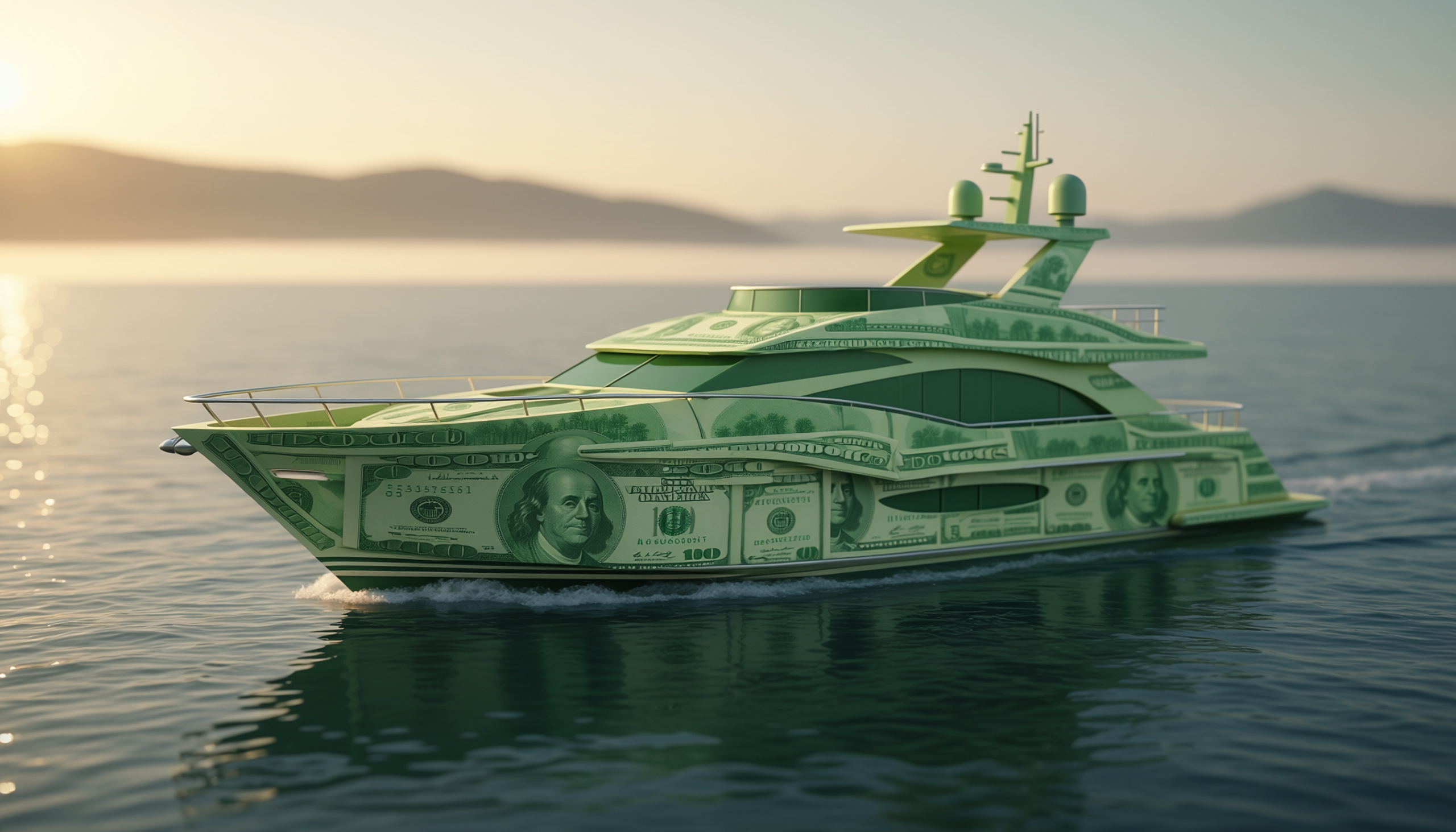 superyacht made out of dollar bills sailing on the water