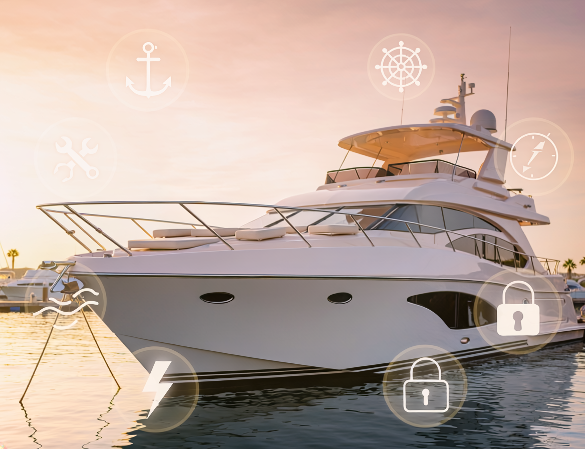 nice yacht with insurance safety feature icons surrounding it