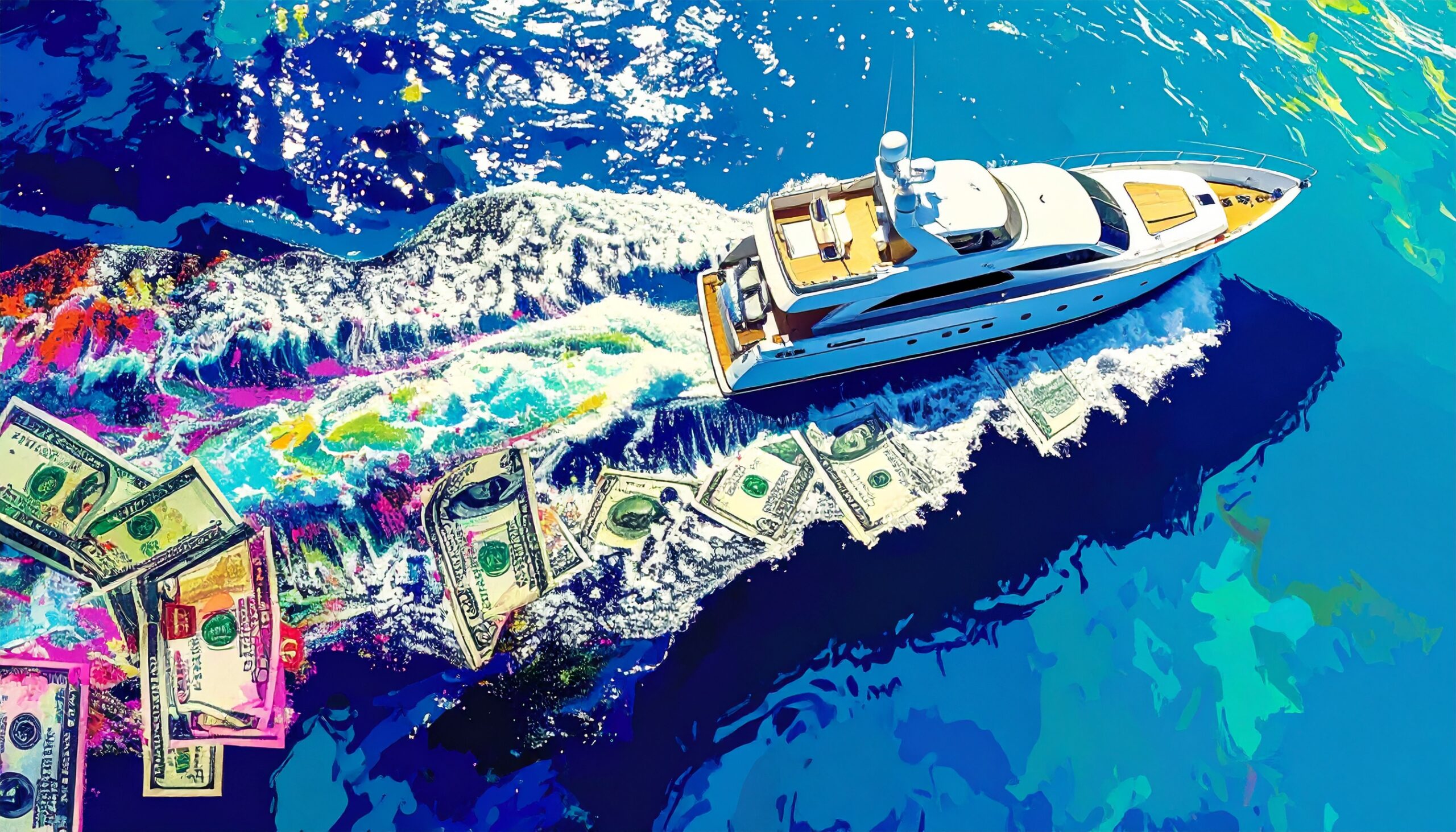 yacht with dollar bills in its colorful wake
