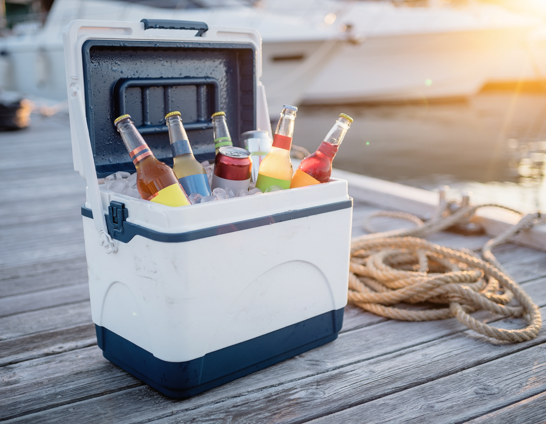 portable cooler on dock near boat with ice and mixed drinks
