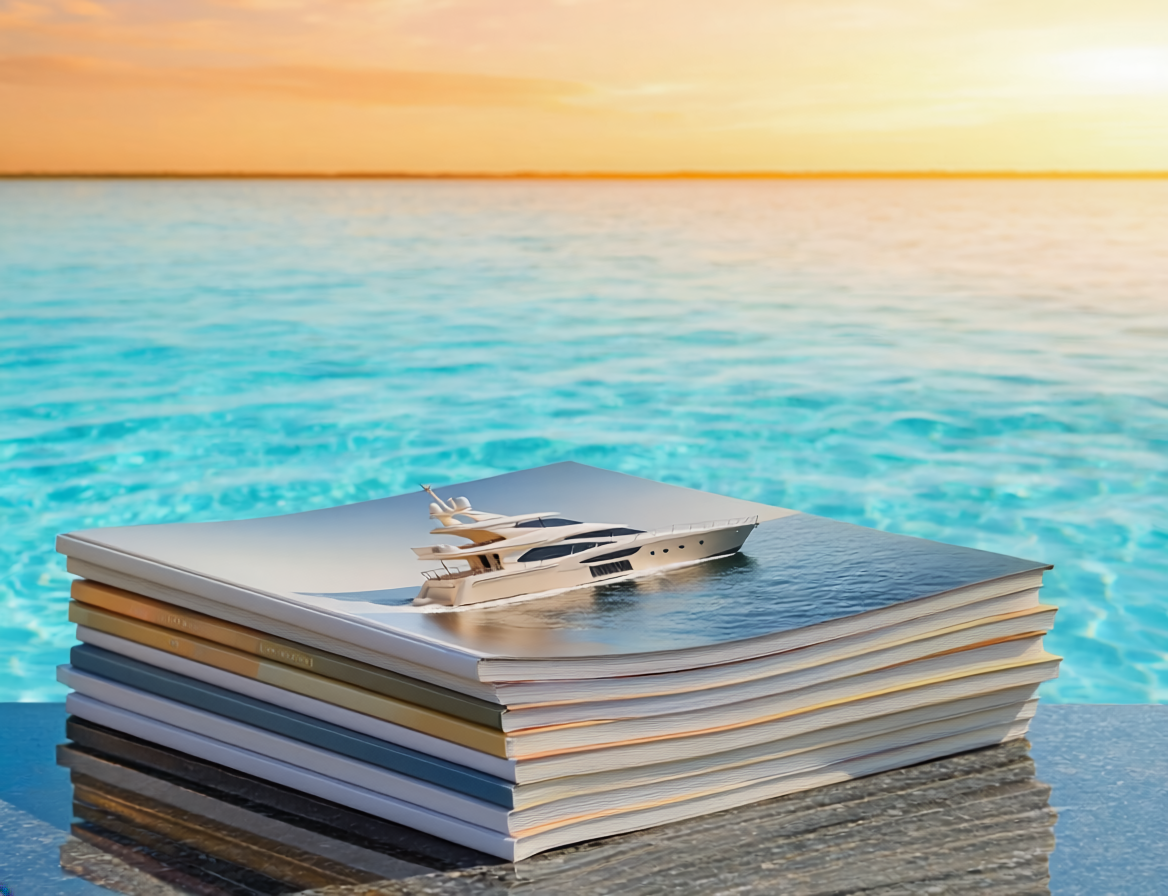 stack of yachting books on table with blue water in background