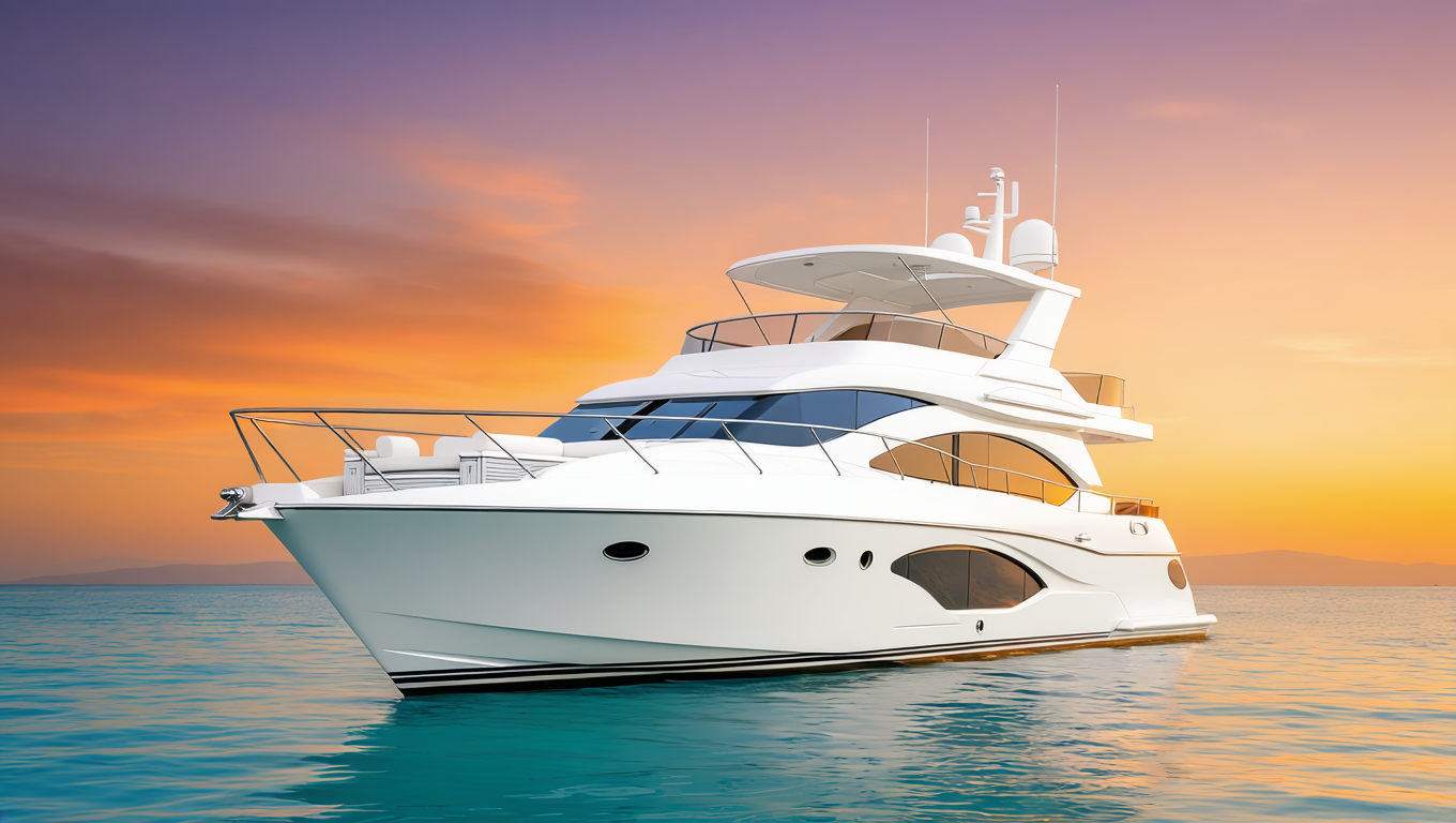 white yacht on water at golden hour
