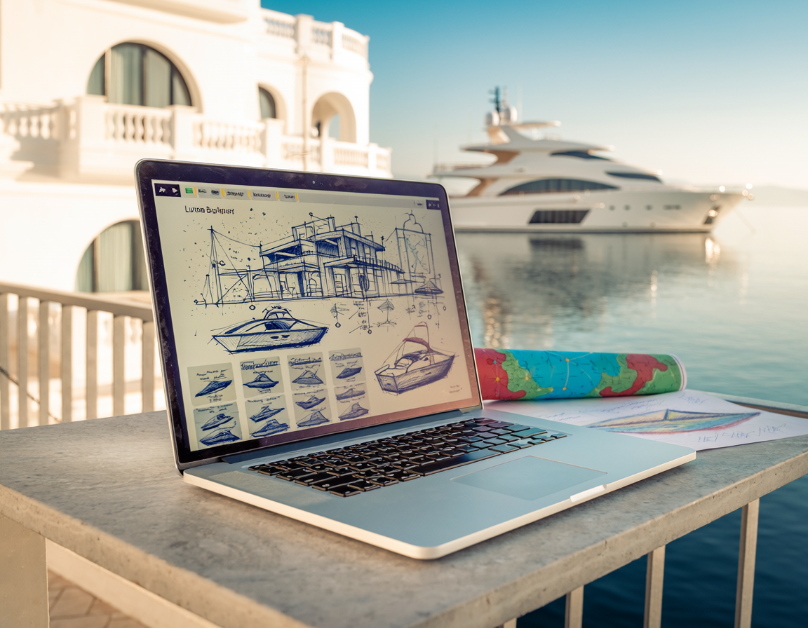laptop with boating site near superyacht dock