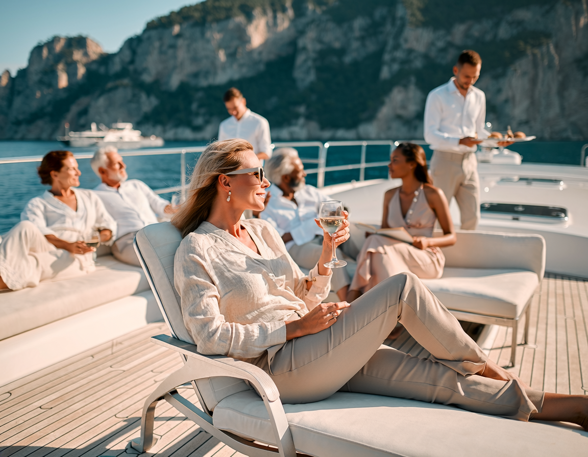 woman being served wine as a yacht guest