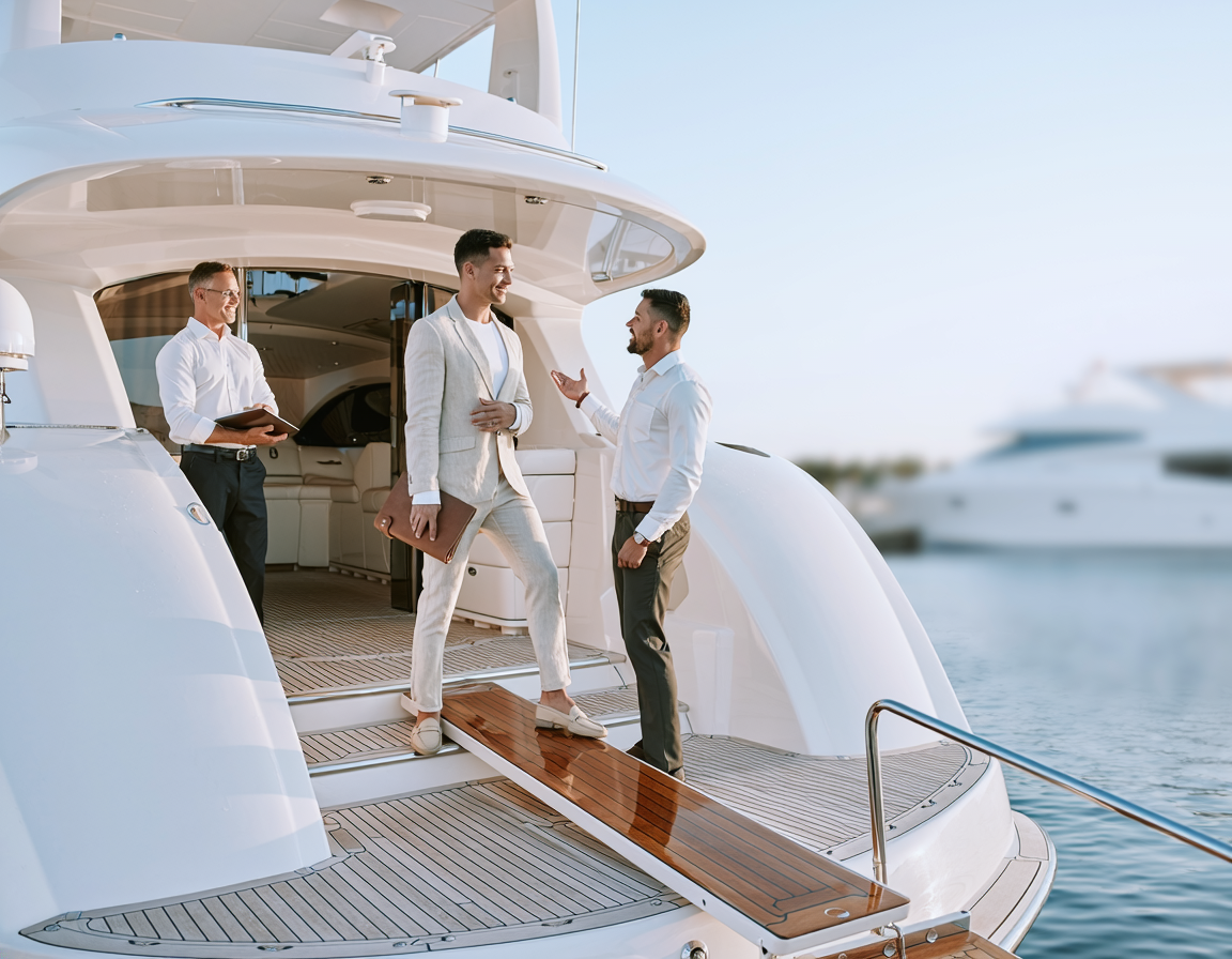 man going on yacht tour with yacht brokers